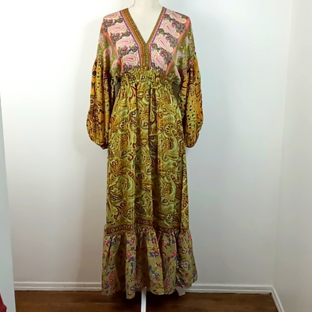 Karma Highway Multi Color Paisley Puff Sleeve Maxi Dress One Size NWOT